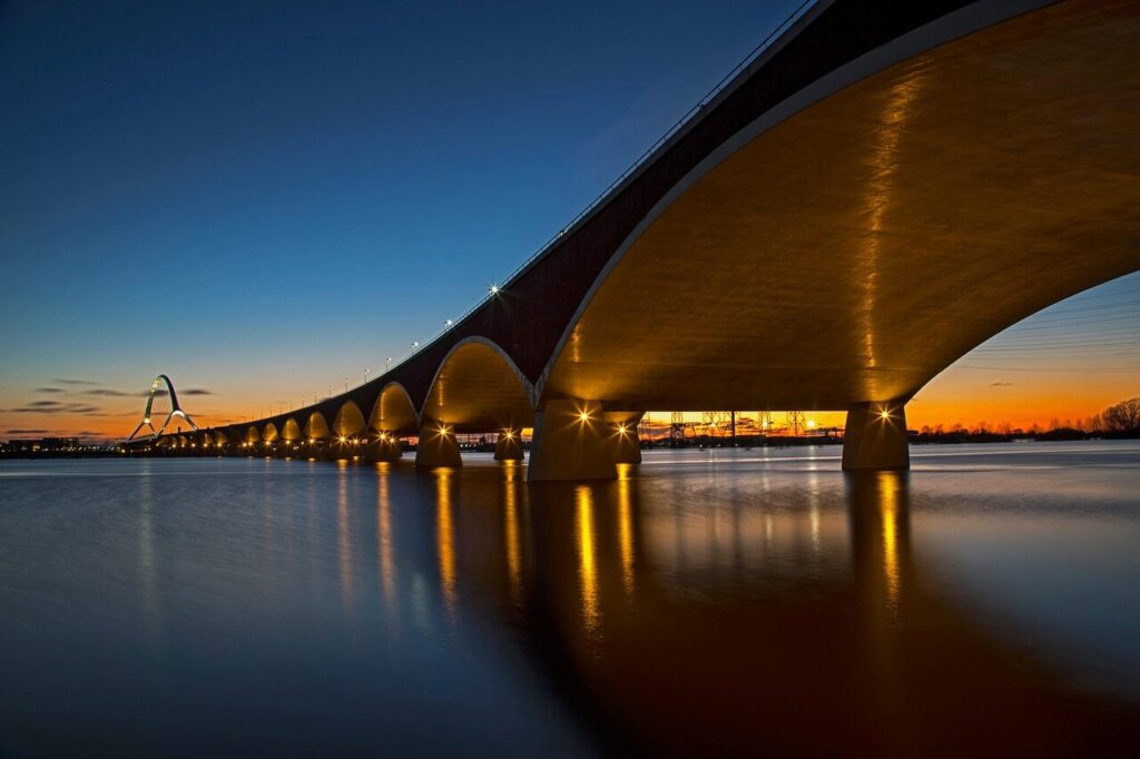 bridge, river, strcuture, nature, road, night, sunset